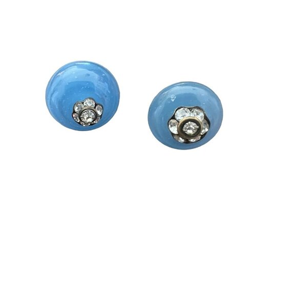 Vintage Clip-on Earrings Rhinestones Blue Chaldecony Stone Made France Antique - Picture 1 of 10